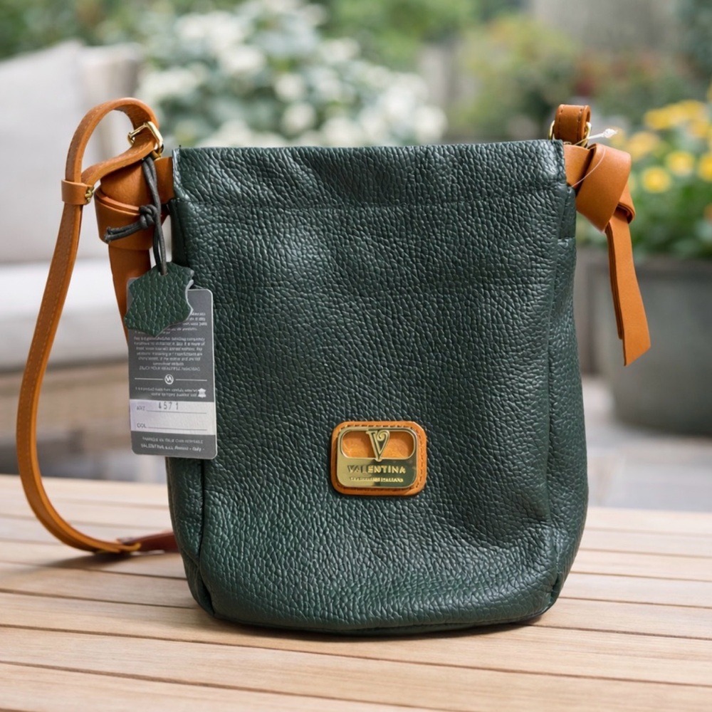 Valentina Italian Leather Crossbody Bag Forest Green Tan Strap Minimalist NWT